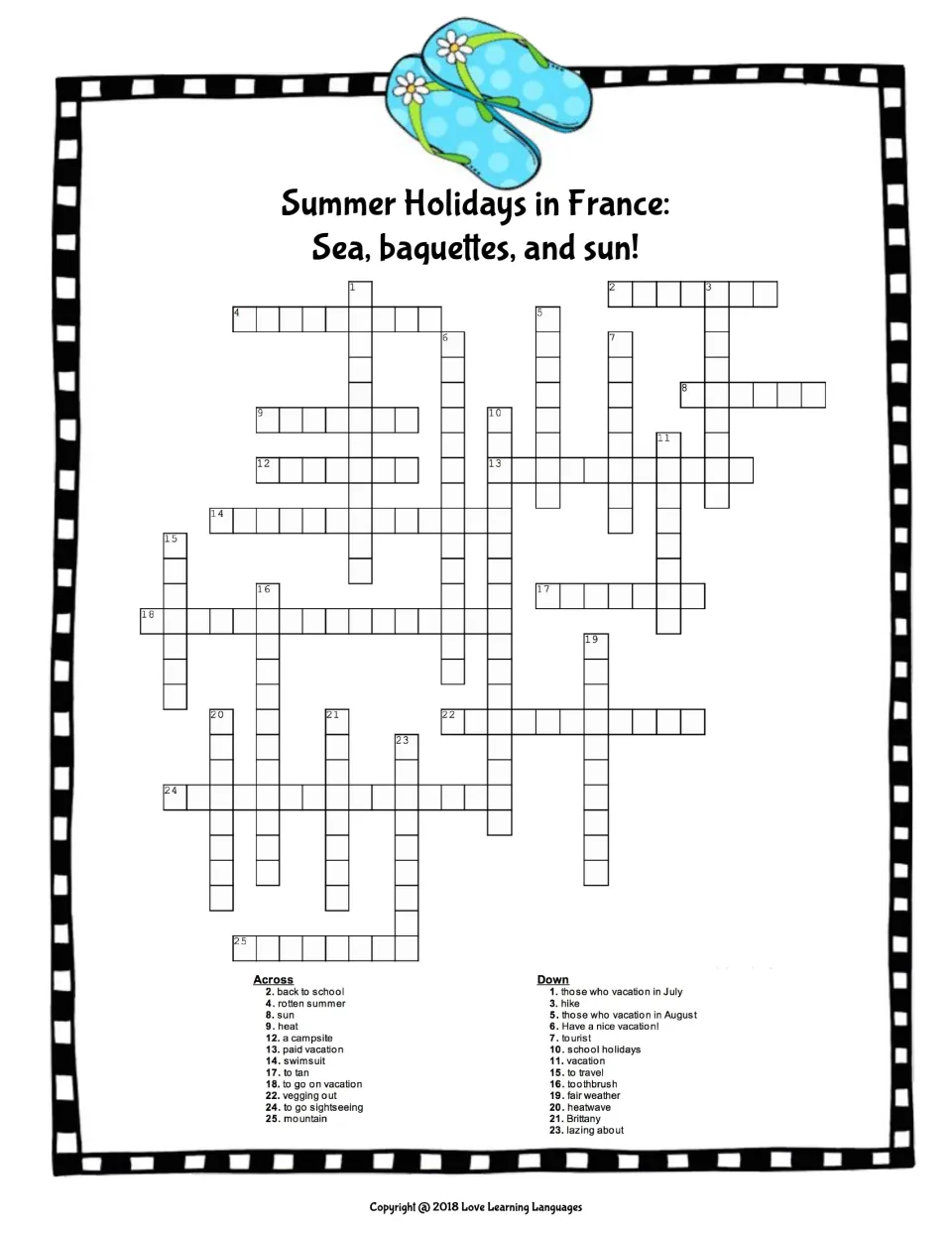 Summer vacation vocabulary crossword: 25 English clues for French words, including swimsuit and mountain