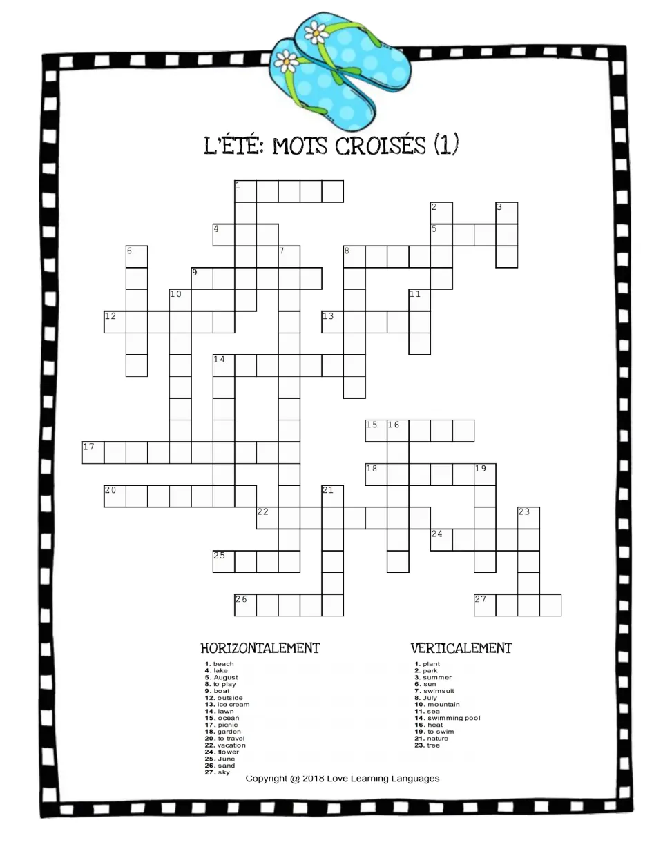 Summer vocabulary crossword 1: students translate 27 English clues like beach, lake and picnic into French words
