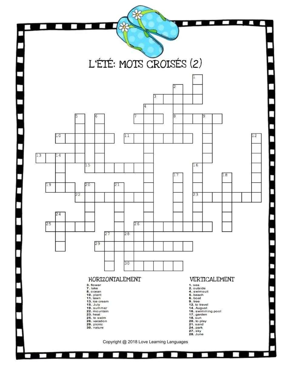 L'été crossword 2: students write French for 30 clues including flower, ocean, ice cream and swimming pool