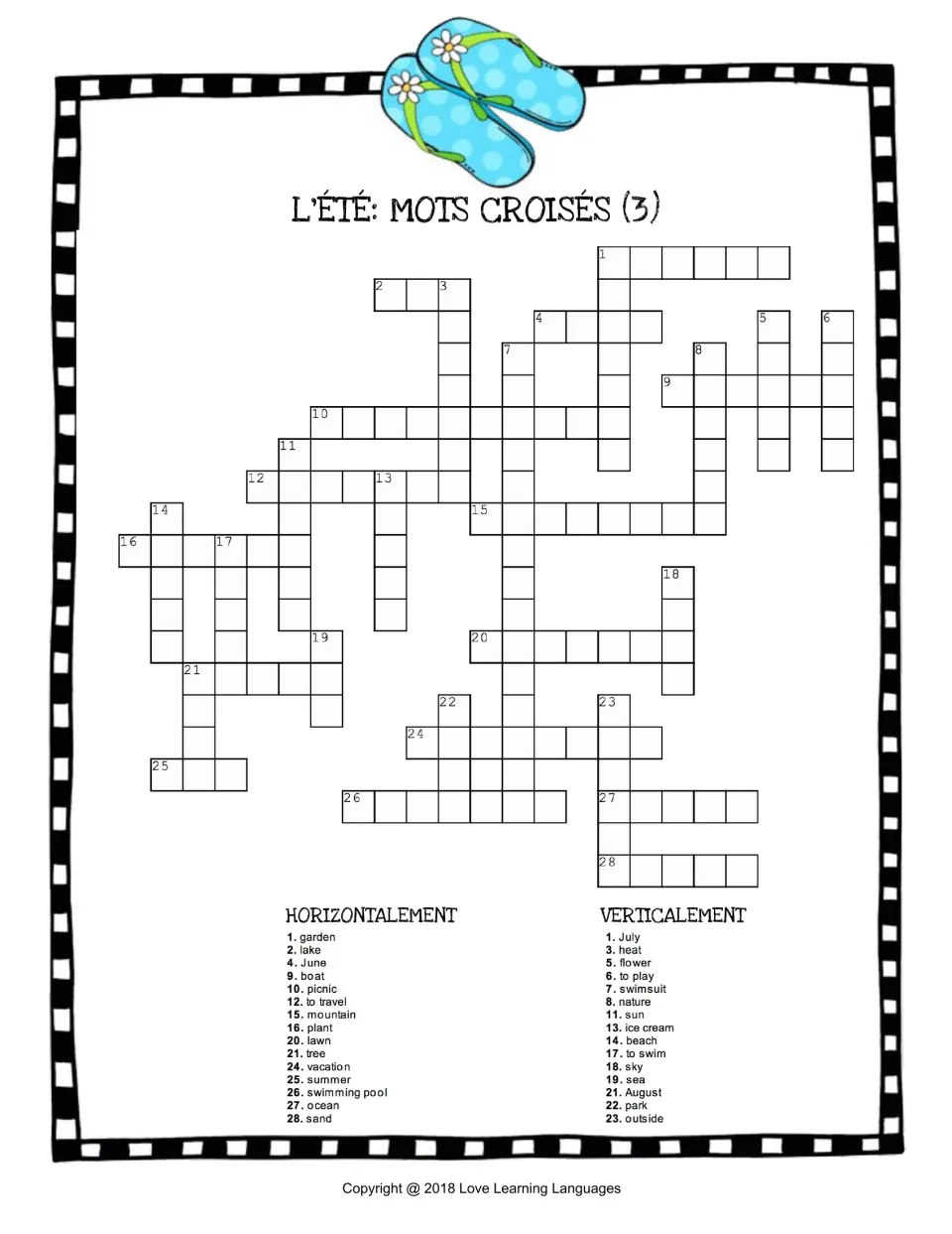 Mots croisés 3: learners fill in French summer words from 28 English clues such as garden, boat, mountain and sand