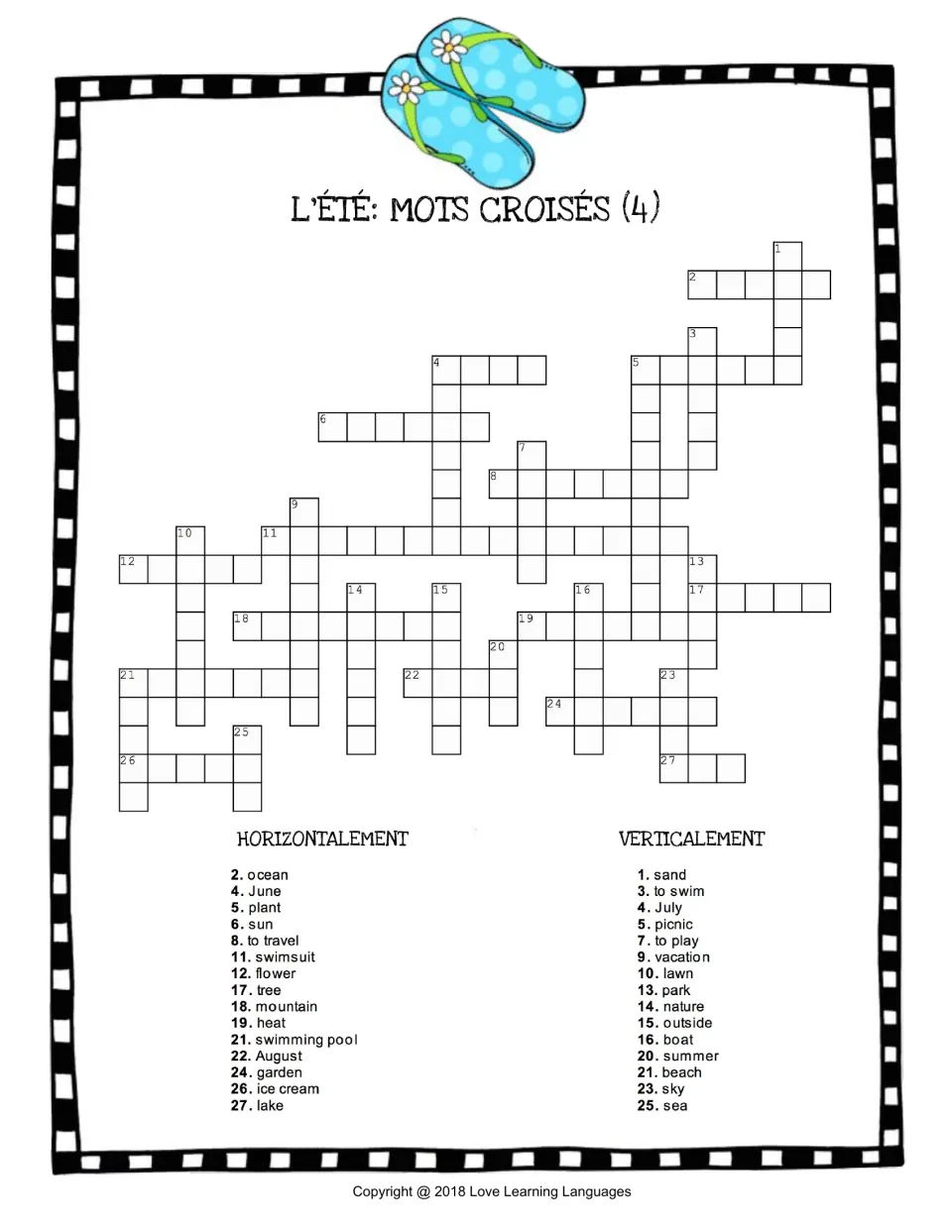 Crossword 4 in French: 27 clues listed in English, from ocean and June to swimsuit, heat and lake, to translate