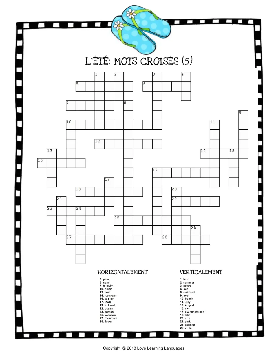 Puzzle 5 of the L'été set: students recall French for plant, sand, to swim, picnic, beach and 23 more clues