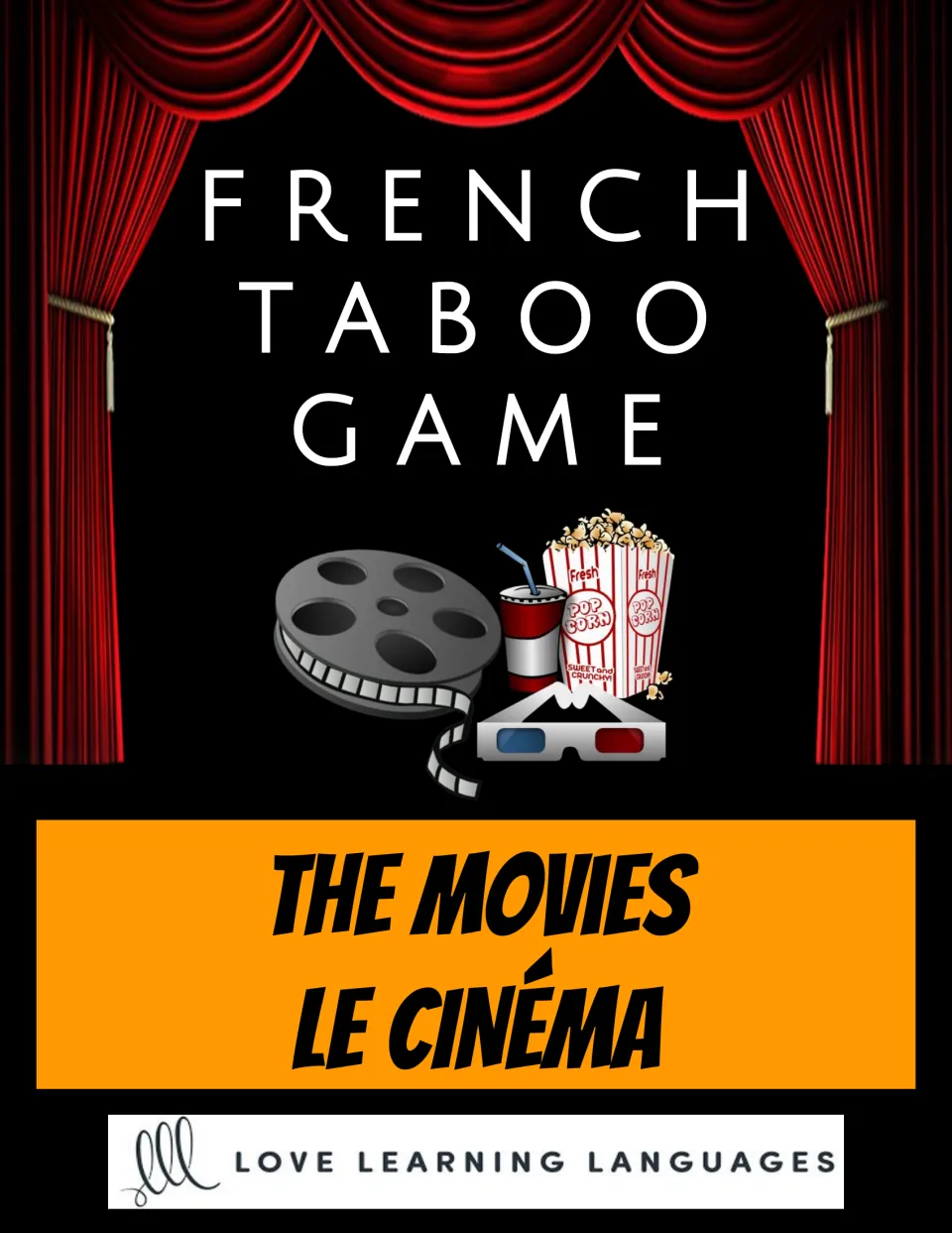 Cover of the French Taboo game featuring the topic The Movies (Le cinéma) and Love Learning Languages