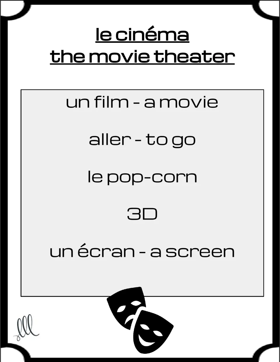 French Taboo card for le cinéma (movie theater), with film, aller, pop-corn, 3D, and écran as taboo words