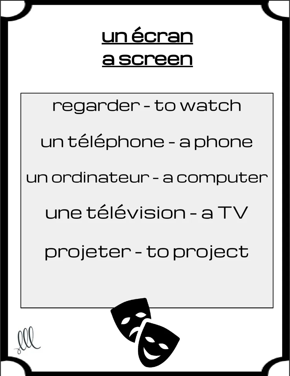 French Taboo card for un écran (a screen), with regarder, téléphone, ordinateur, télévision, and projeter