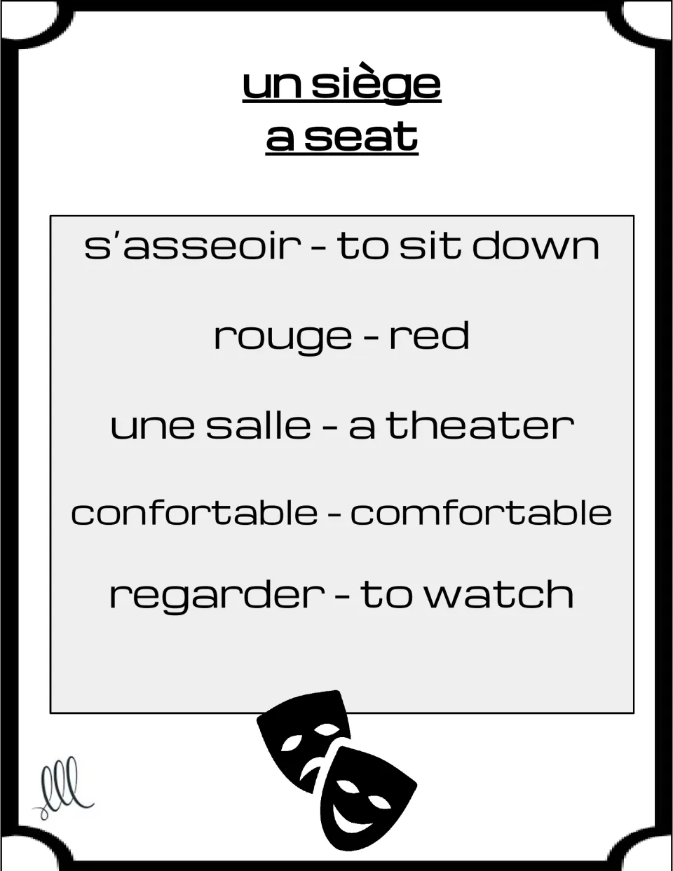 French Taboo card for un siège (a seat), with s’asseoir, rouge, salle, confortable, and regarder