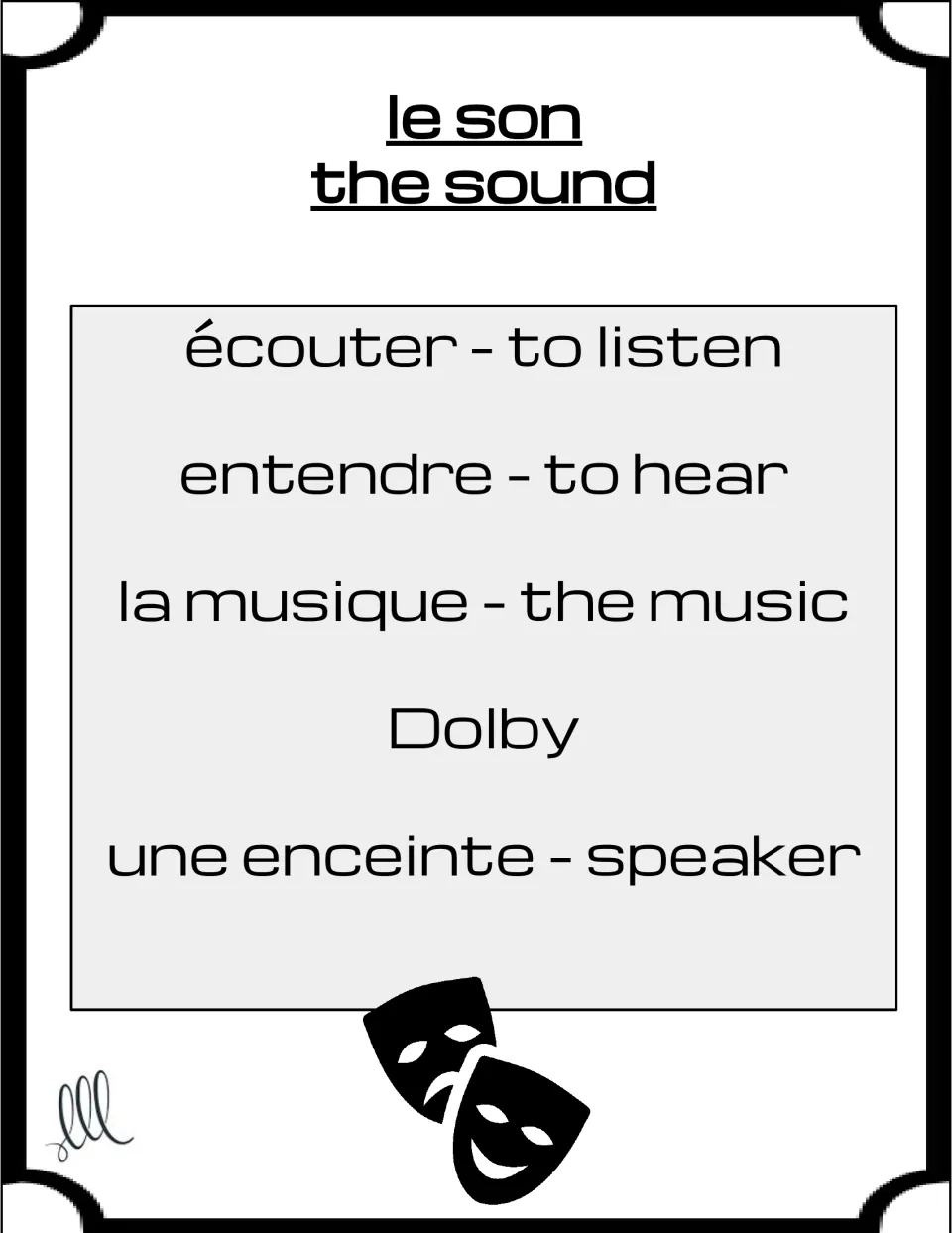 French Taboo card for le son (the sound), with écouter, entendre, musique, Dolby, and enceinte