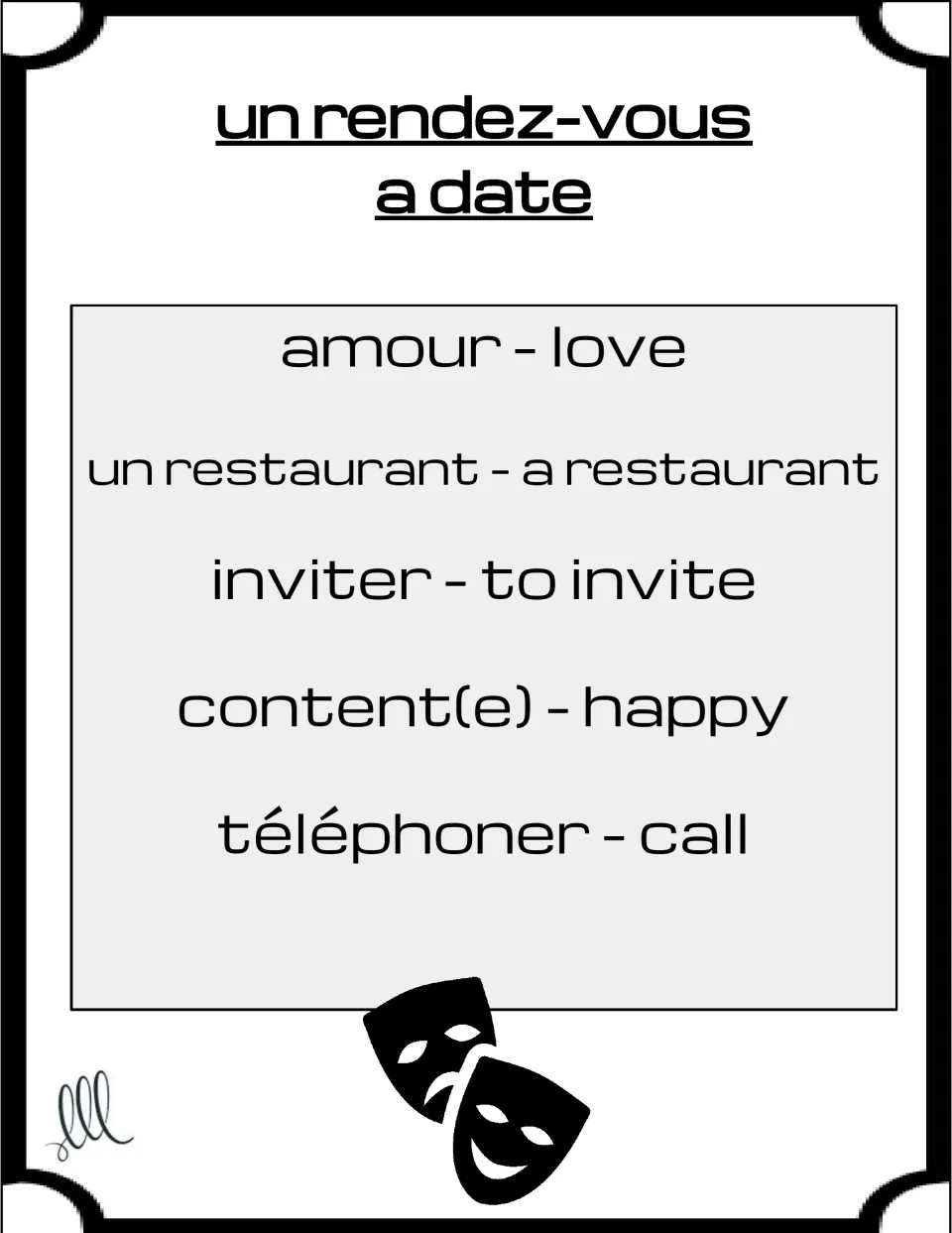 French Taboo card for un rendez-vous (a date), with amour, restaurant, inviter, content(e), and téléphoner