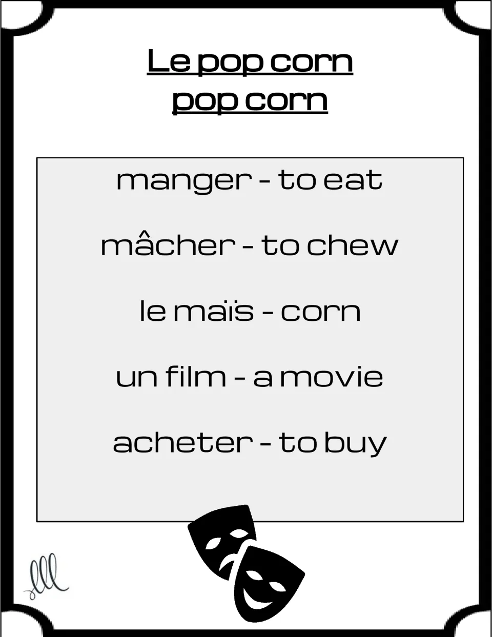 French Taboo card for le pop corn (popcorn), with manger, mâcher, maïs, film, and acheter as taboo words
