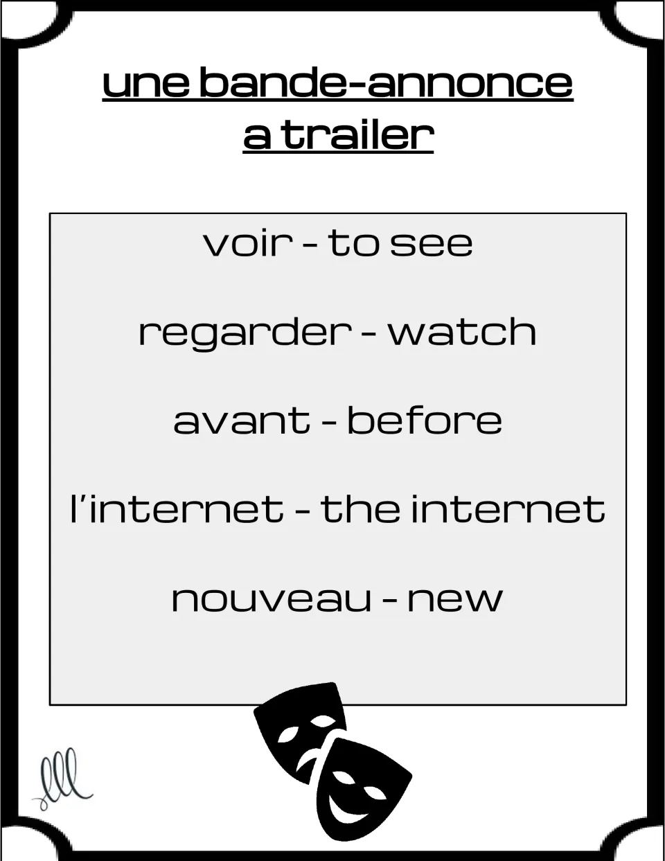 French Taboo card for une bande-annonce (a trailer), with voir, regarder, avant, internet, and nouveau