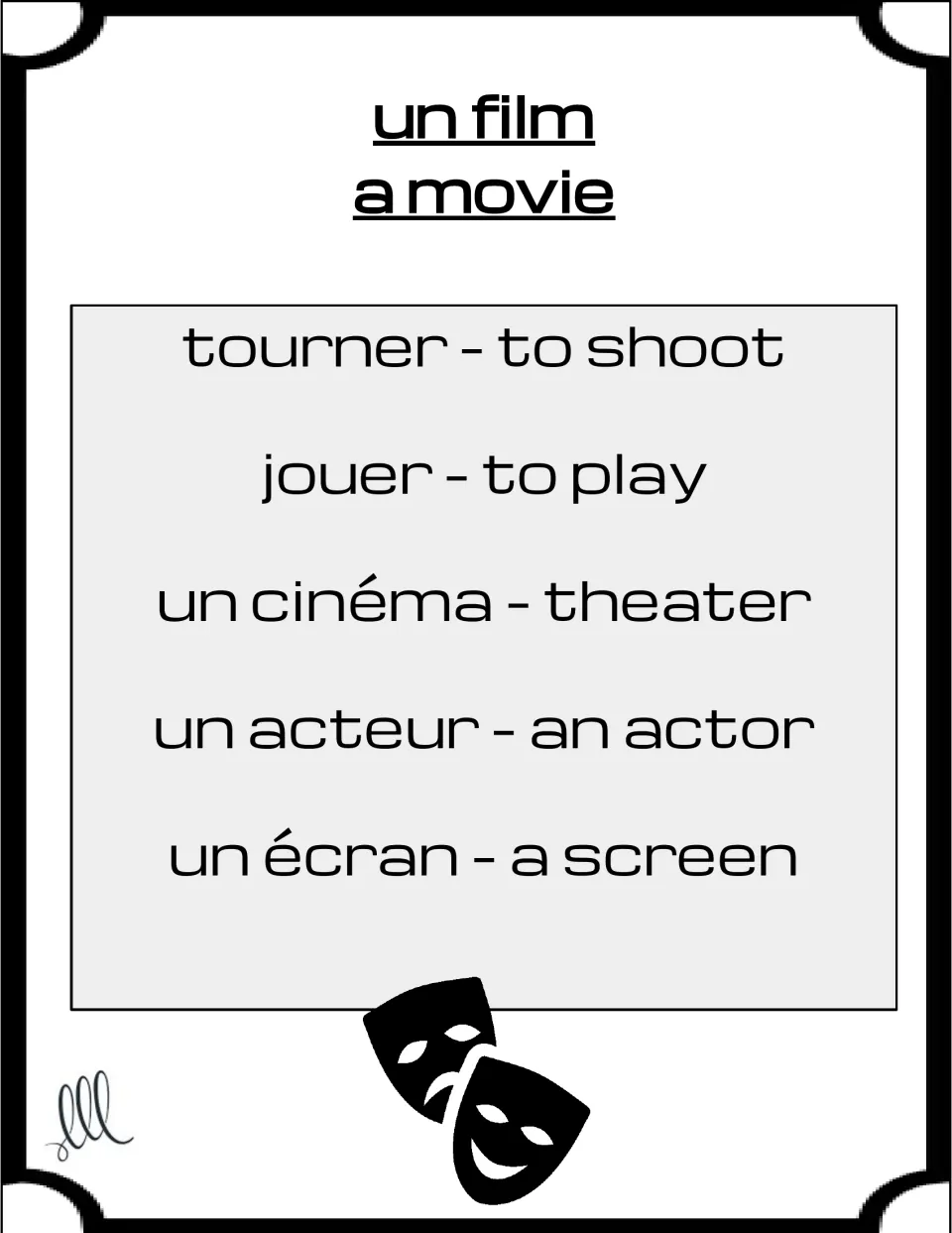 French Taboo card for un film (a movie), with tourner, jouer, cinéma, acteur, and écran as taboo words