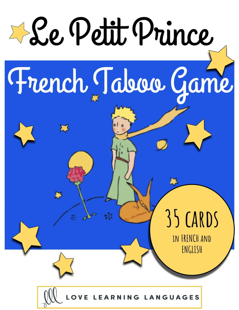 Le Petit Prince French Taboo Game cover: 35 cards in French and English, with the Little Prince, rose and fox