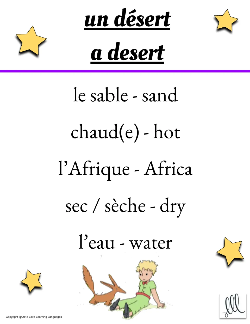 Taboo card: guess word un désert (a desert); taboo words le sable, chaud(e), l'Afrique, sec/sèche, l'eau