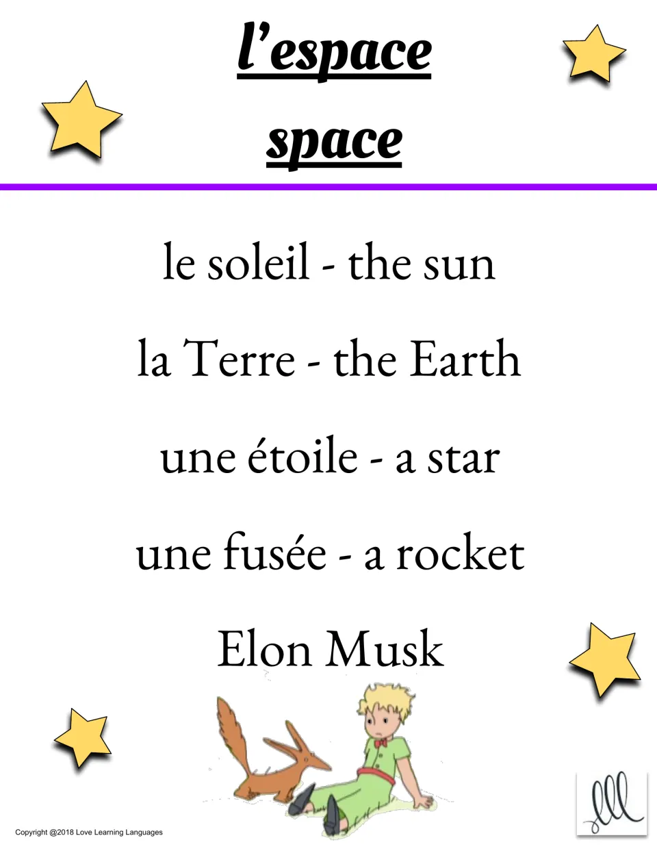 Taboo card: guess word l'espace (space); taboo words le soleil, la Terre, une étoile, une fusée, Elon Musk