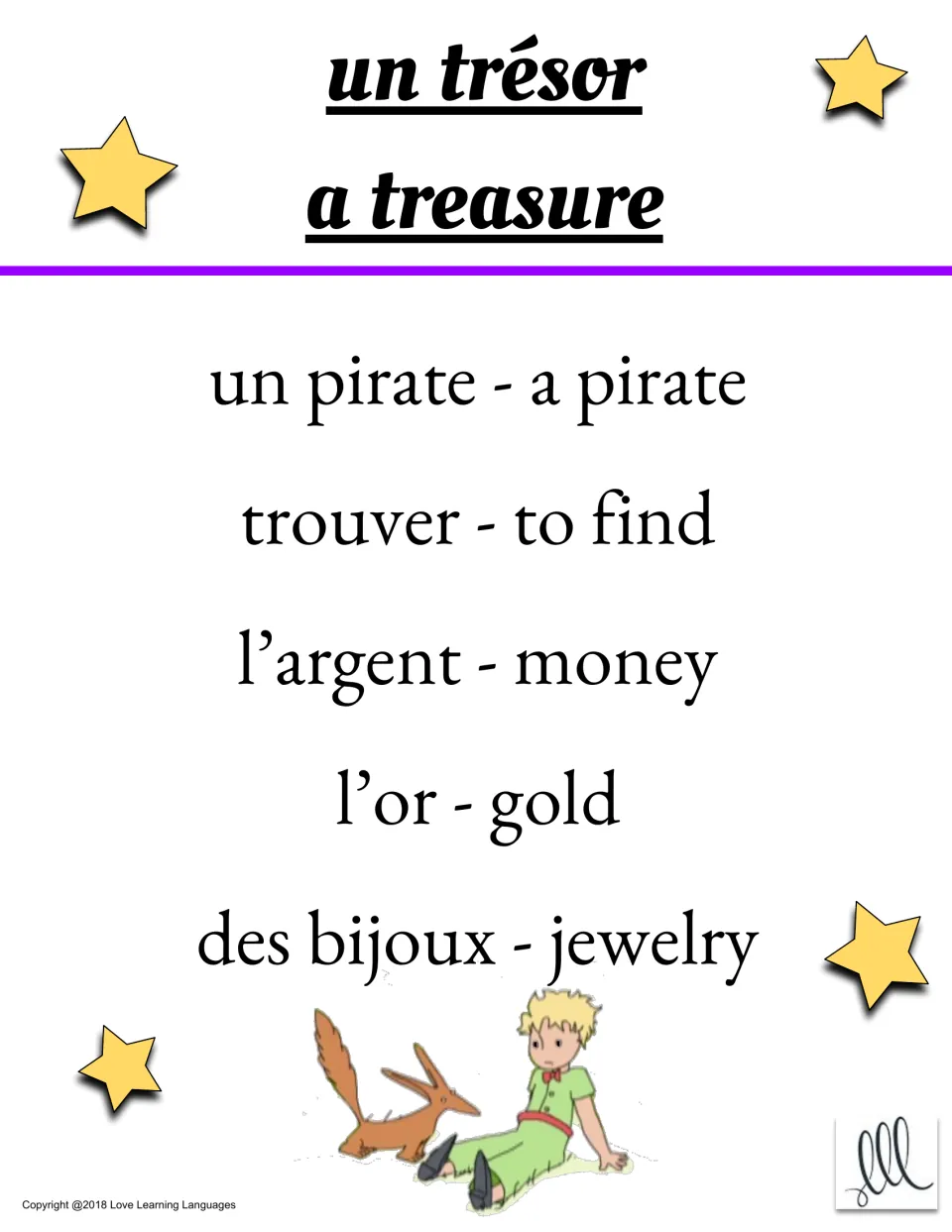 Taboo card: guess word un trésor (a treasure); taboo words un pirate, trouver, l'argent, l'or, des bijoux