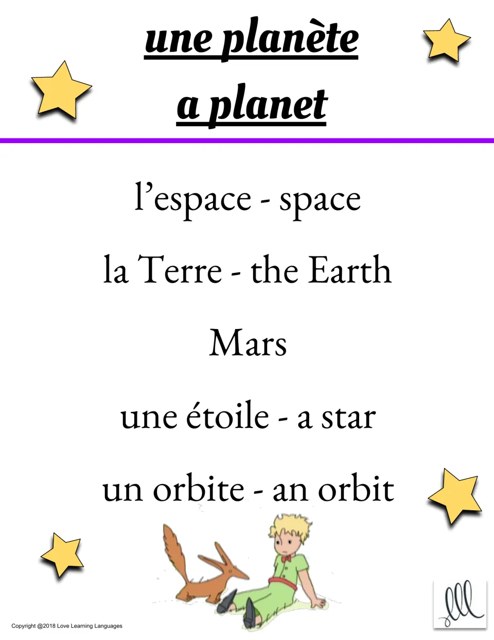 Taboo card: guess word une planète (a planet); taboo words l'espace, la Terre, Mars, une étoile, un orbite