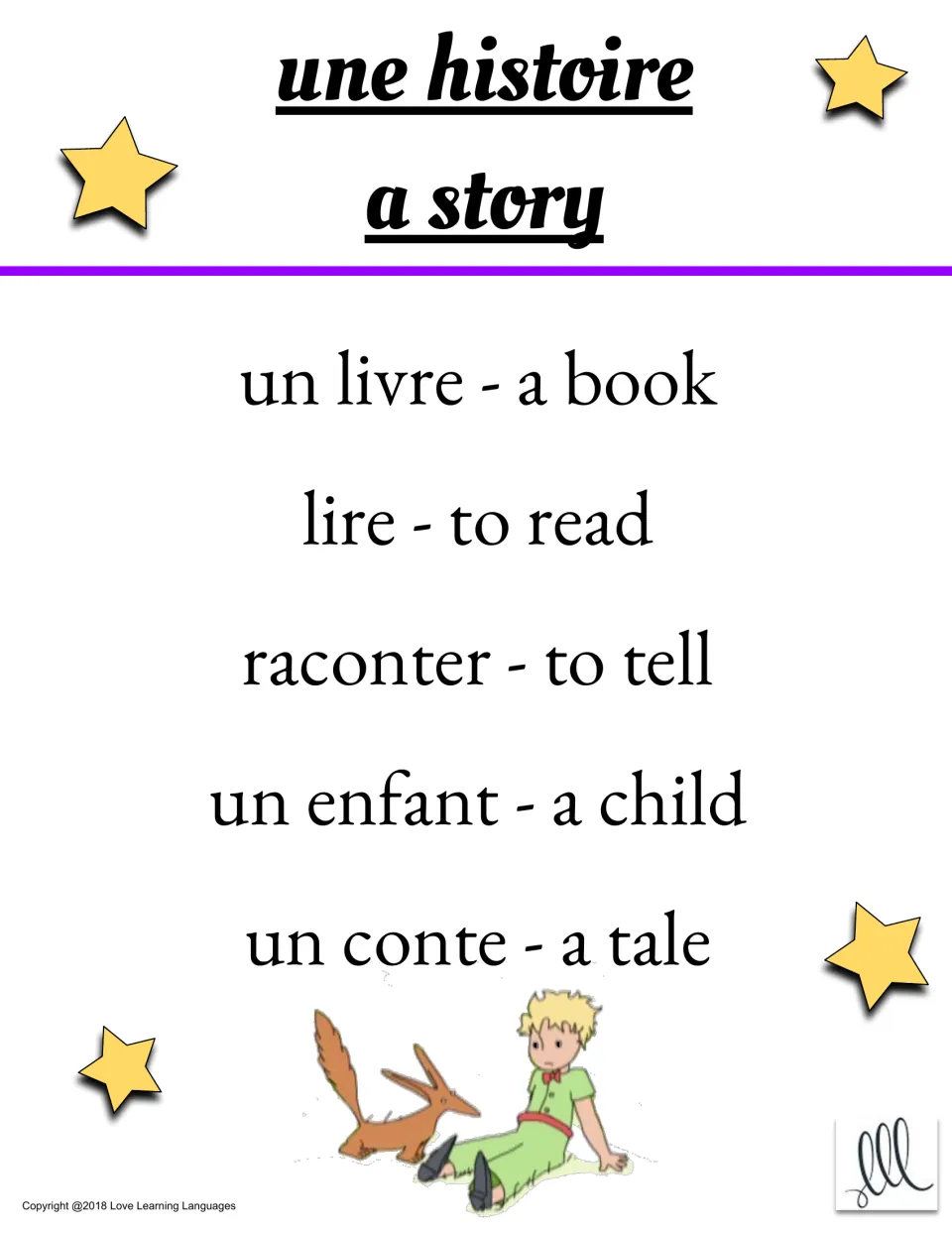 Taboo card: guess word une histoire (a story); taboo words un livre, lire, raconter, un enfant, un conte