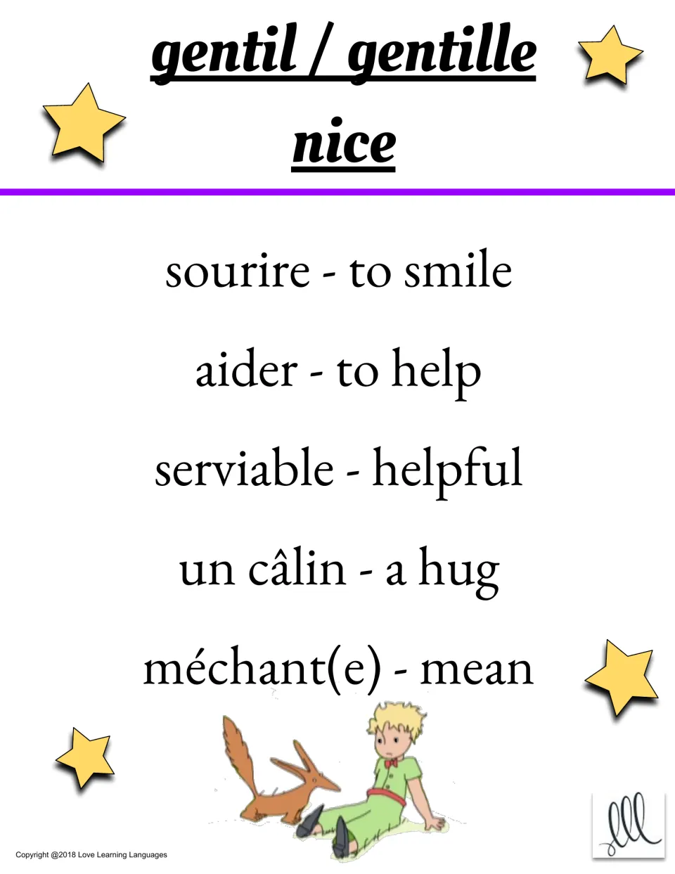 Taboo card: guess word gentil/gentille (nice); taboo words sourire, aider, serviable, un câlin, méchant(e)