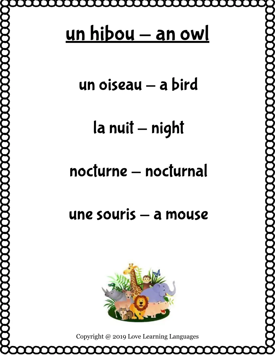 Bilingual taboo card: un hibou (an owl), with taboo words un oiseau, la nuit, nocturne and une souris