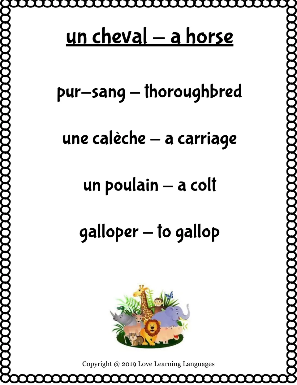 Bilingual taboo card: un cheval (a horse), with taboo words pur-sang, une calèche, un poulain and galloper