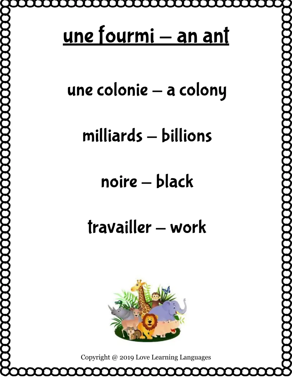 Bilingual taboo card: une fourmi (an ant), with taboo words une colonie, milliards, noire and travailler