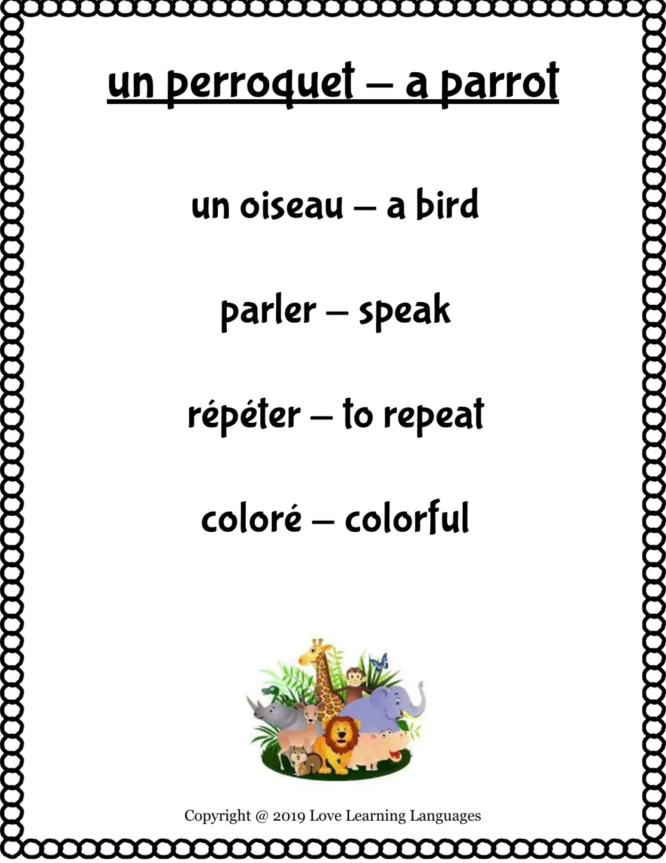 Bilingual taboo card: un perroquet (a parrot), with taboo words un oiseau, parler, répéter and coloré