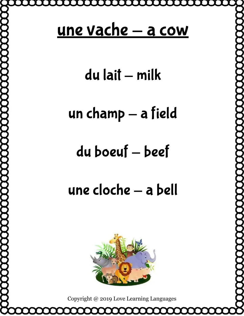 Bilingual taboo card: une vache (a cow), with taboo words du lait, un champ, du boeuf and une cloche