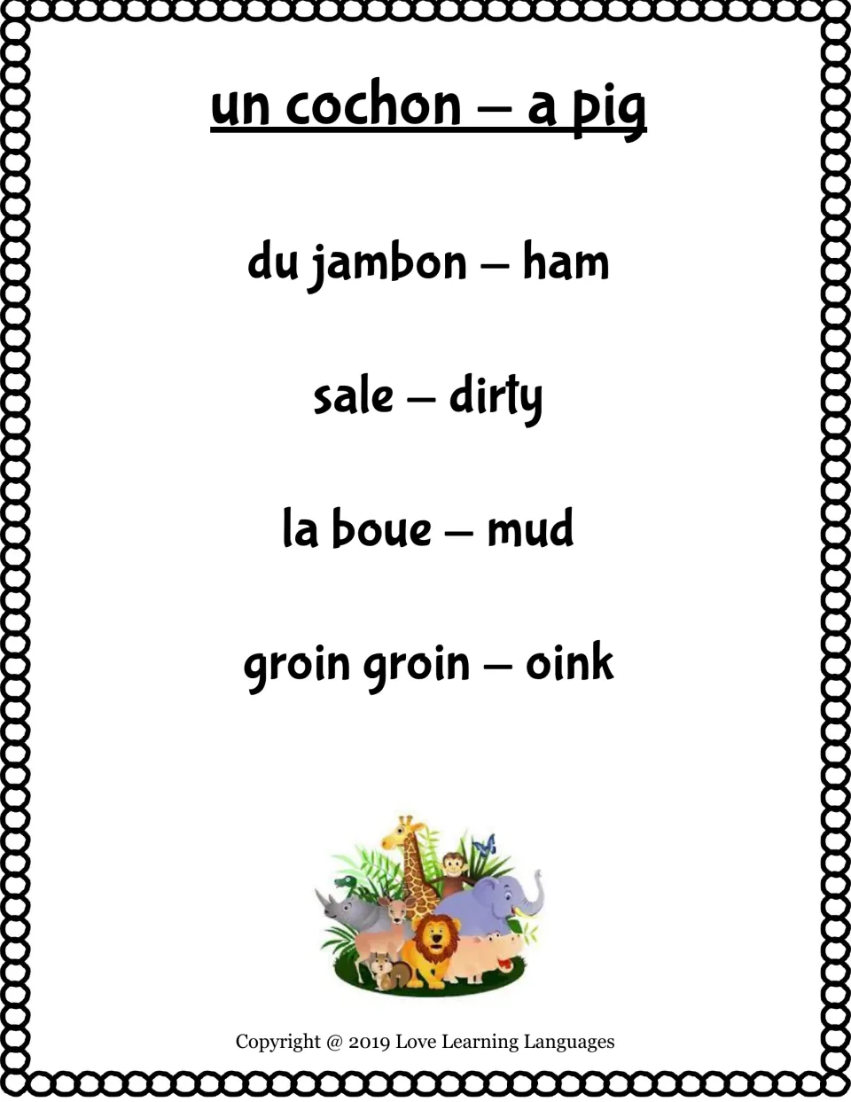 Bilingual taboo card: un cochon (a pig), with taboo words du jambon, sale, la boue and groin groin (oink)