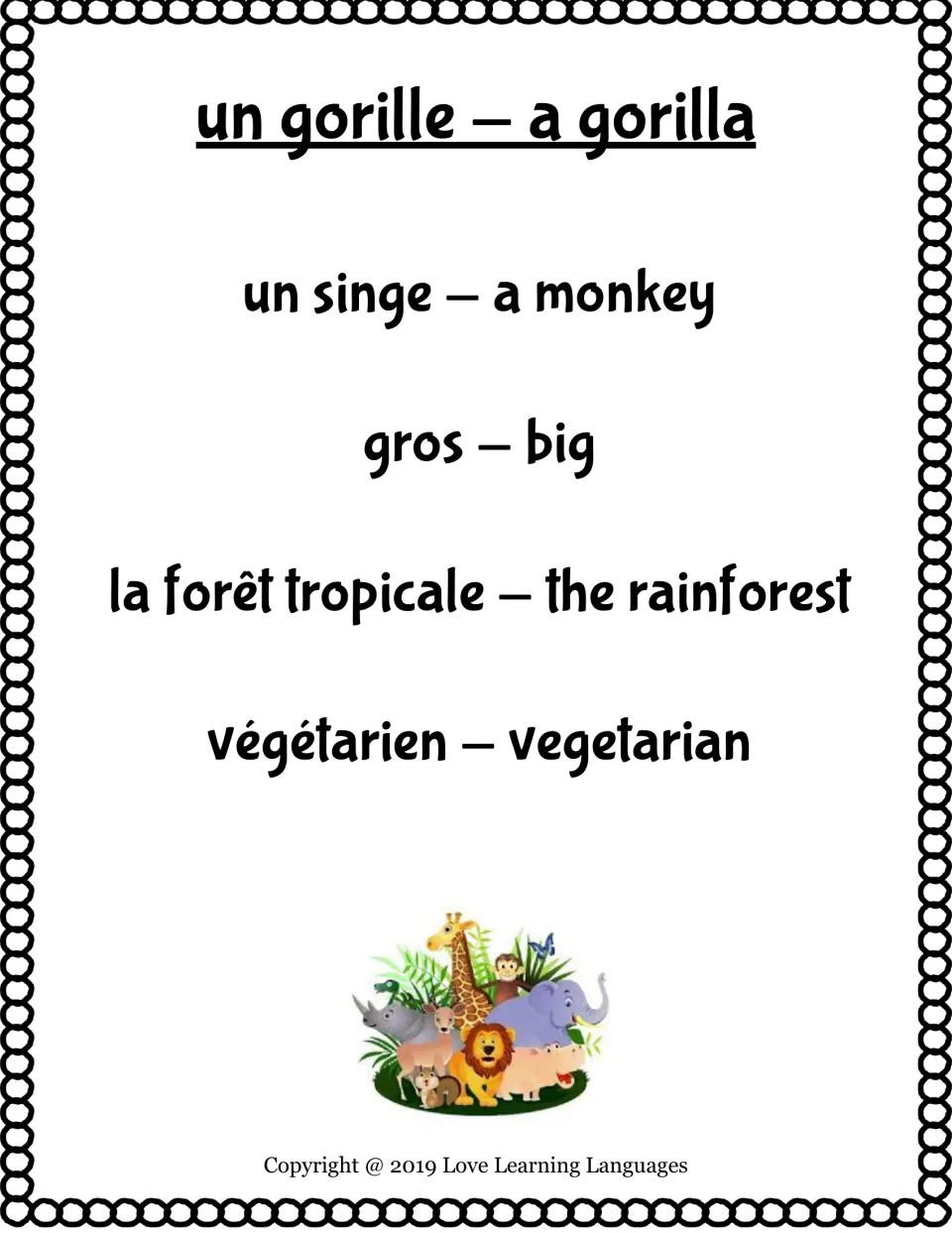 Bilingual taboo card: un gorille (a gorilla), with taboo words un singe, gros, la forêt tropicale and végétarien