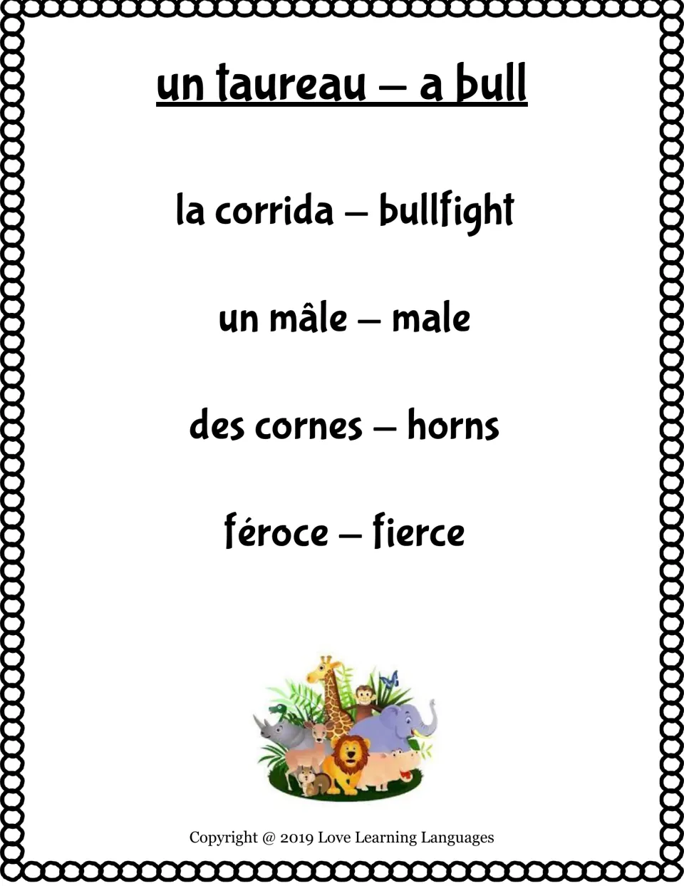 Bilingual taboo card: un taureau (a bull), with taboo words la corrida, un mâle, des cornes and féroce