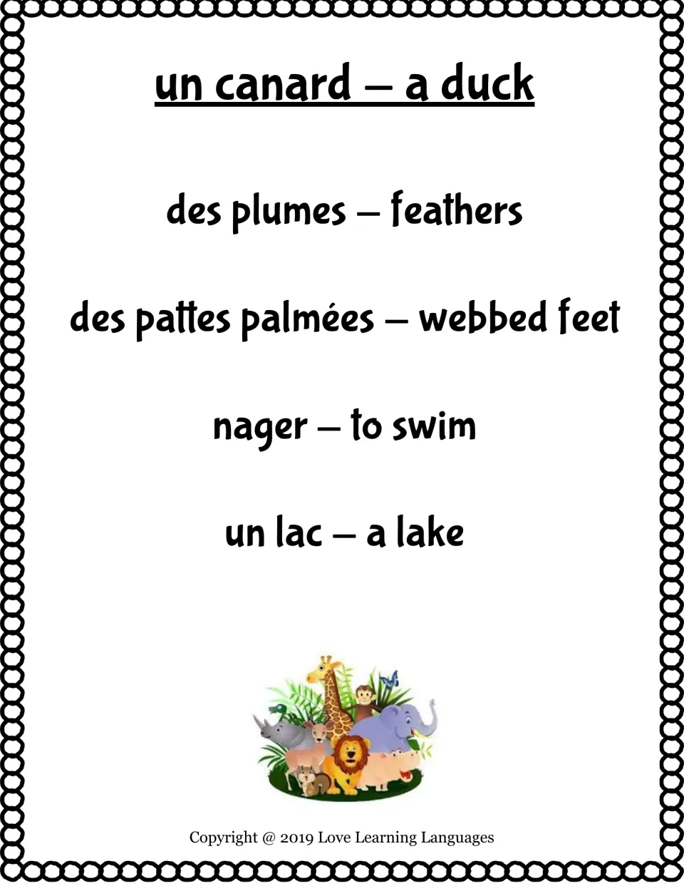 Bilingual taboo card: un canard (a duck), with taboo words des plumes, des pattes palmées, nager and un lac