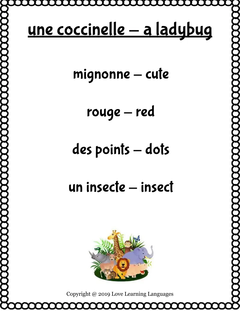Bilingual taboo card: une coccinelle (a ladybug), with taboo words mignonne, rouge, des points and un insecte