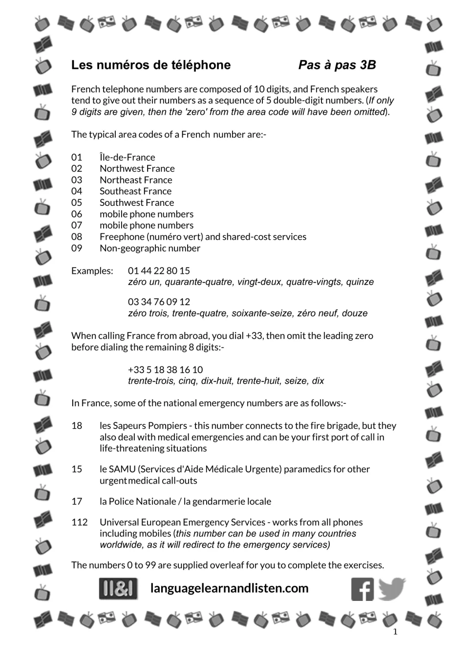 French telephone-number guide explains digit pairs, prefixes 01–09, dialing from abroad, and emergency numbers.