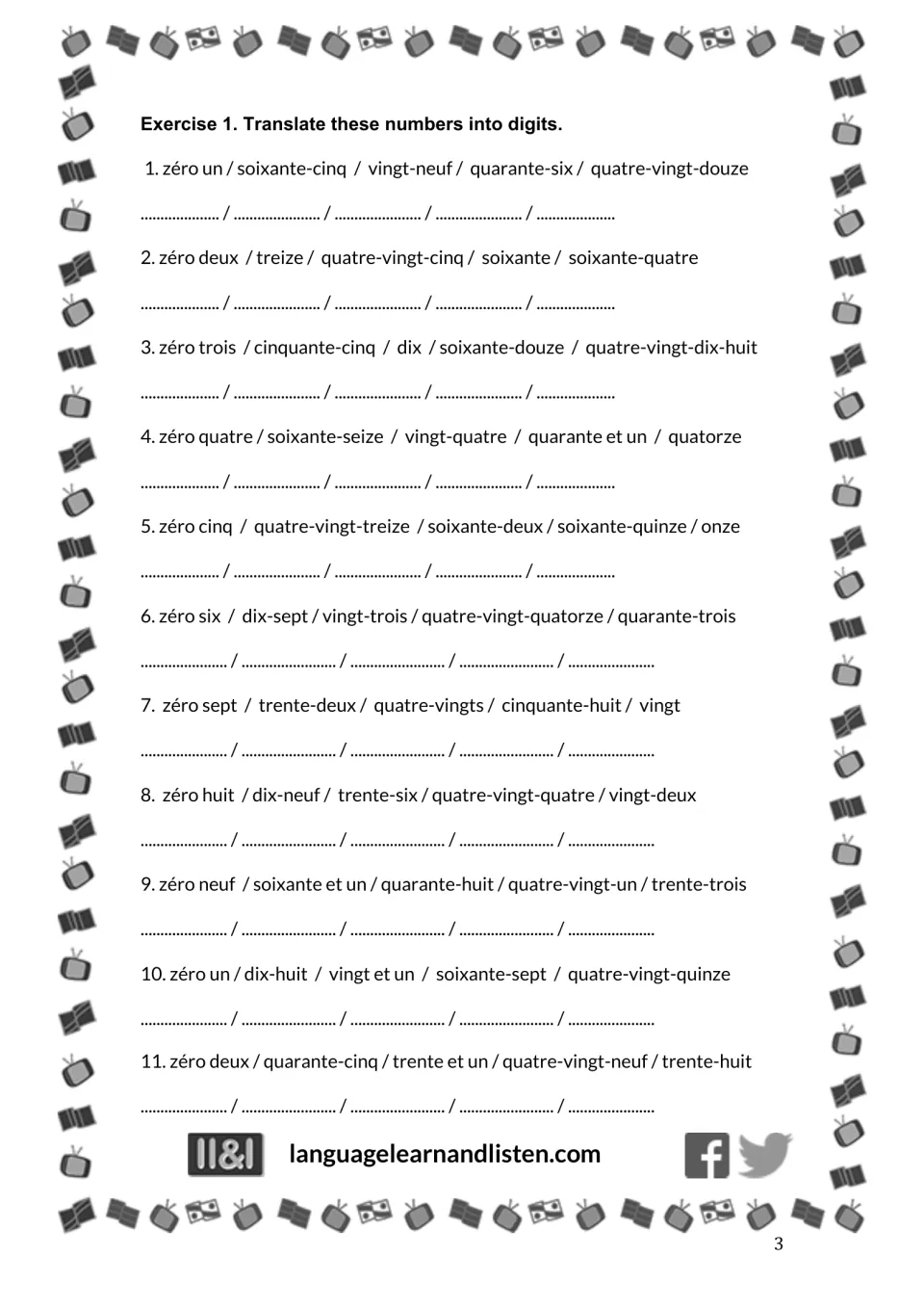 Exercise 1, items 1–11: convert French telephone-number words to digits, starting with zéro un (zero one).