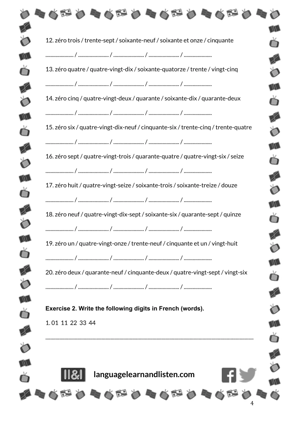 Exercise 1 ends with items 12–20; Exercise 2 begins by asking for 01 11 22 33 44 written in French words.