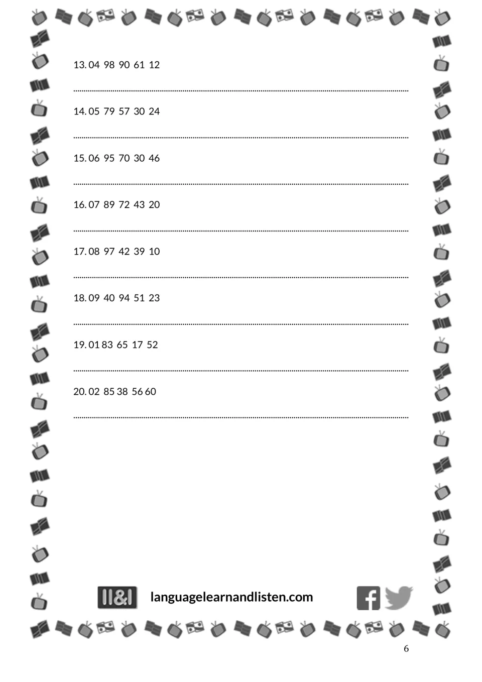 Exercise 2, items 13–20: write telephone numbers in French words, from 04 98 90 61 12 to 02 85 38 56 60.