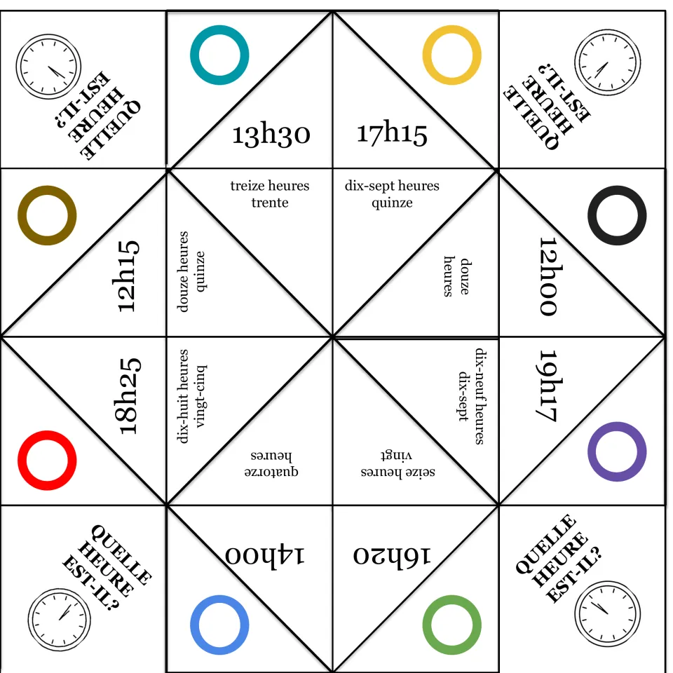 Quelle heure est-il? fortune teller: students read 24-hour times like 13h30 and say them in French as treize heures trente