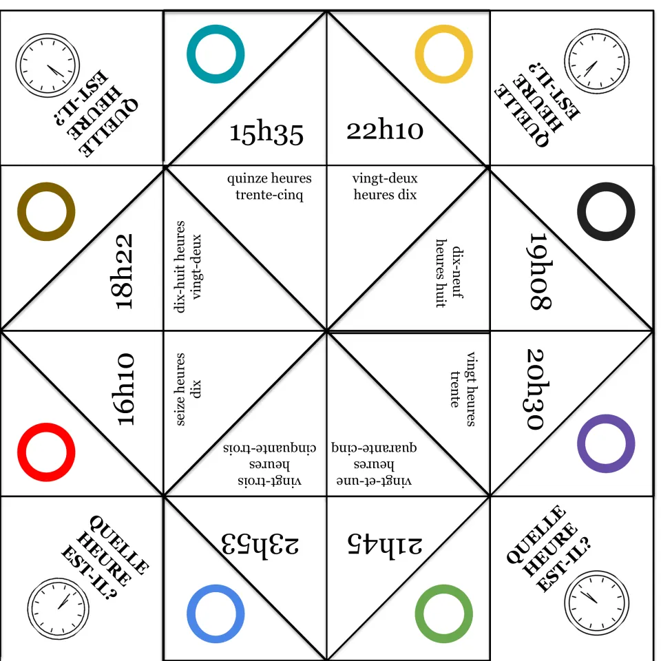 French 24-hour fortune teller: students say 15h35, 22h10, 19h08 and 23h53 aloud, then check vingt-deux heures dix
