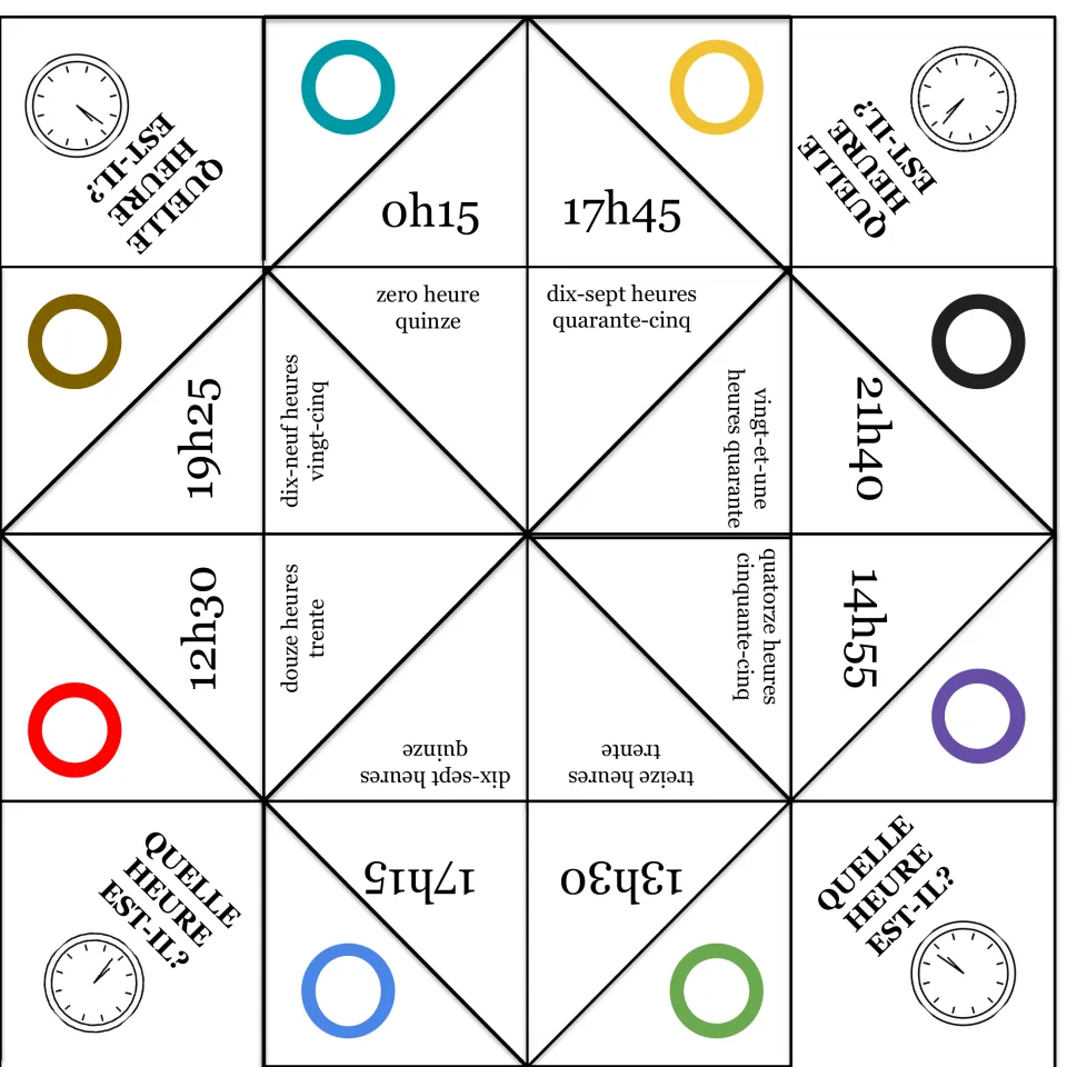 French time fortune teller: students read 0h15, 17h45 and 14h55 aloud, including the midnight form zero heure quinze