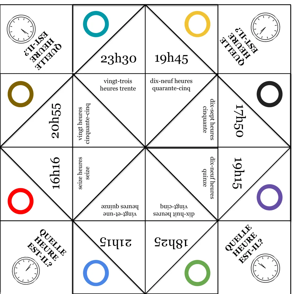 Fortune teller where students read 23h30, 20h55, 17h50 and 16h16 in French, then lift flaps to find seize heures seize