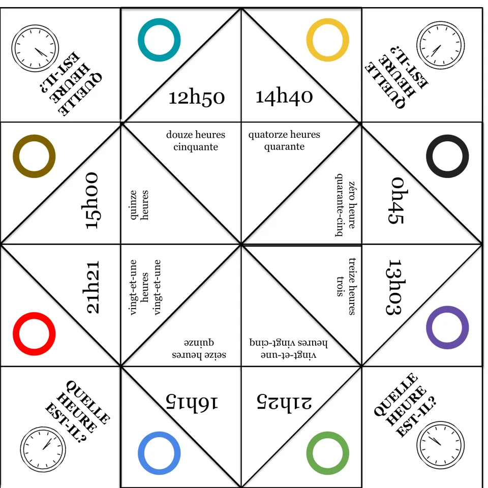Telling time fortune teller in French with 12h50, 15h00, 0h45 and 13h03; students say each and check treize heures trois