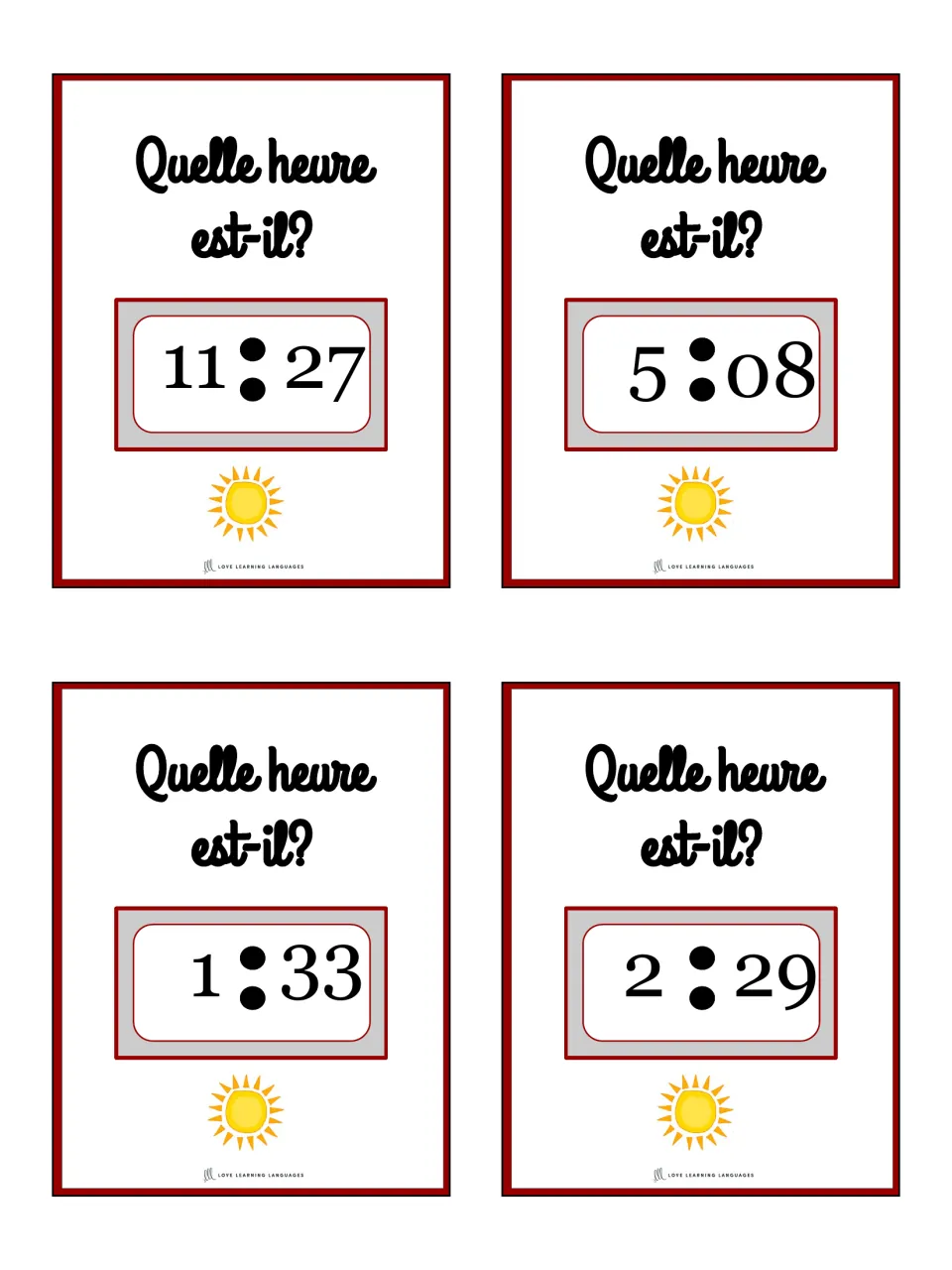 French telling-time cards 1–4 ask “Quelle heure est-il?” (What time is it?): 11:27, 5:08, 1:33, 2:29.