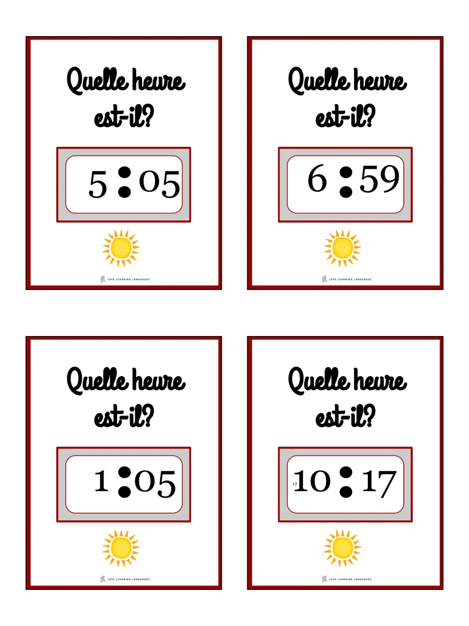 French telling-time cards 5–8 ask “Quelle heure est-il?” (What time is it?): 5:05, 6:59, 1:05, 10:17.
