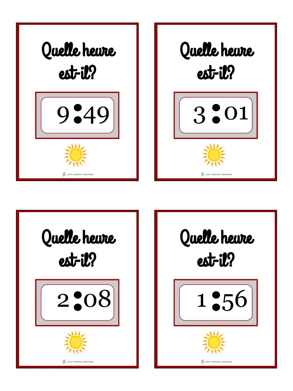 French telling-time cards 9–12 ask “Quelle heure est-il?” (What time is it?): 9:49, 3:01, 2:08, 1:56.