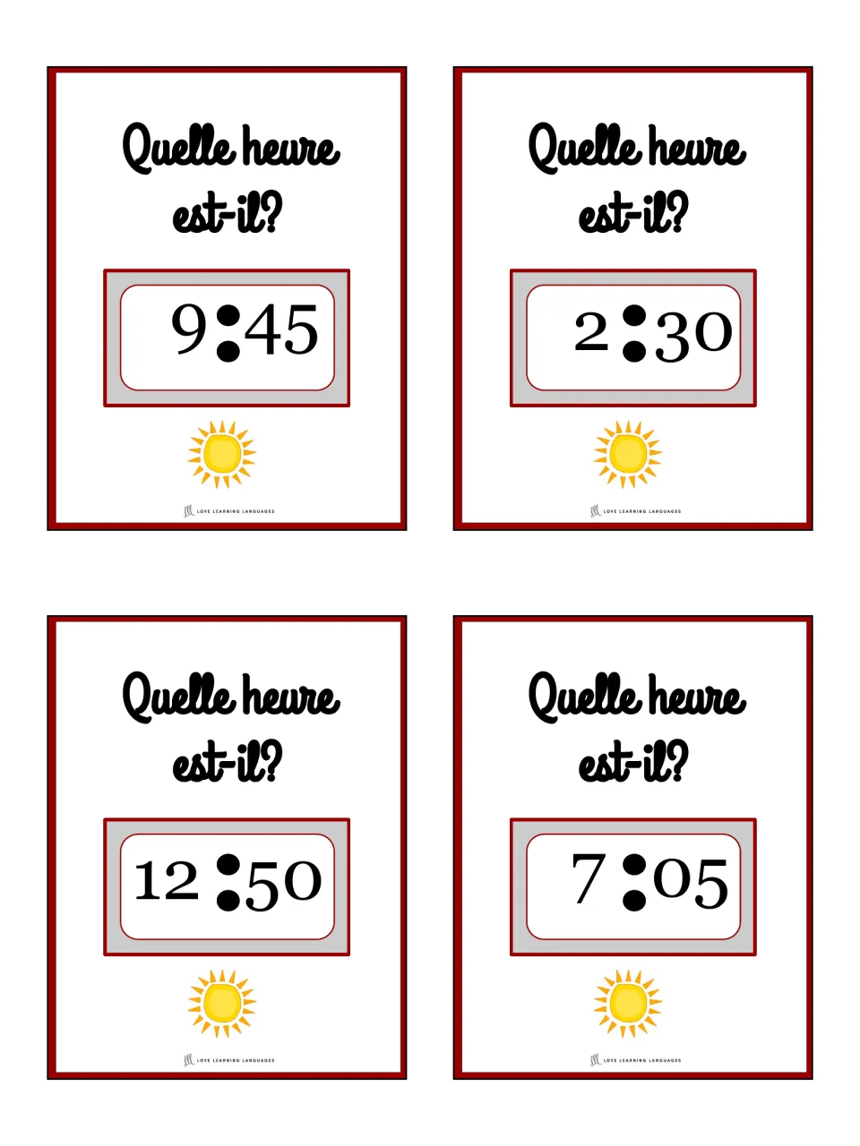 French telling-time cards 13–16 ask “Quelle heure est-il?” (What time is it?): 9:45, 2:30, 12:50, 7:05.