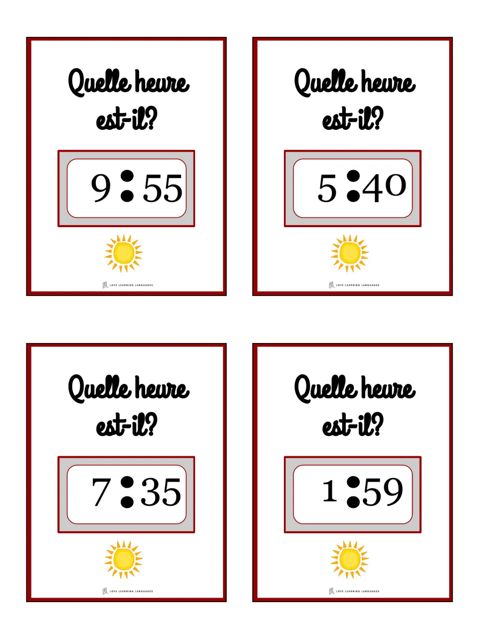 French telling-time cards 17–20 ask “Quelle heure est-il?” (What time is it?): 9:55, 5:40, 7:35, 1:59.