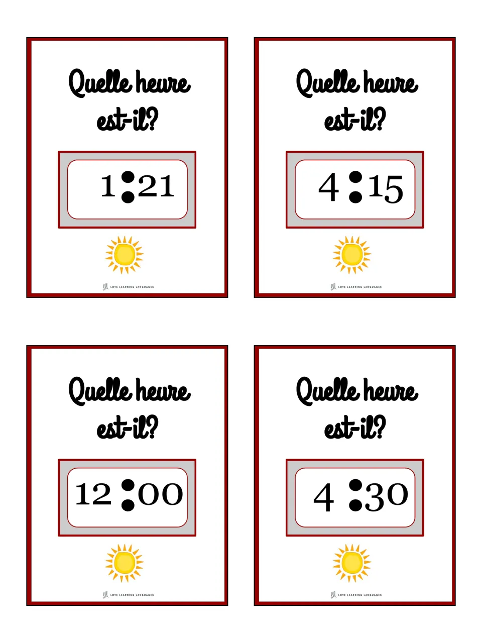 French telling-time cards 21–24 ask “Quelle heure est-il?” (What time is it?): 1:21, 4:15, 12:00, 4:30.