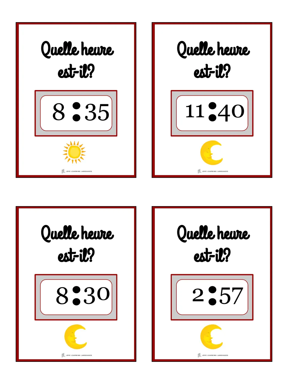 French telling-time cards 25–28 ask “Quelle heure est-il?” (What time is it?): 8:35, 11:40, 8:30, 2:57.