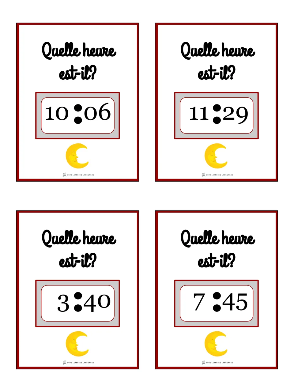 French telling-time cards 29–32 ask “Quelle heure est-il?” (What time is it?): 10:06, 11:29, 3:40, 7:45.