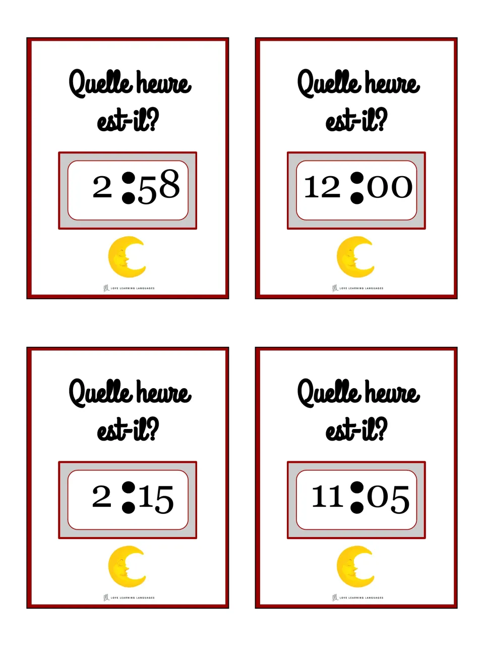 French telling-time cards 33–36 ask “Quelle heure est-il?” (What time is it?): 2:58, 12:00, 2:15, 11:05.